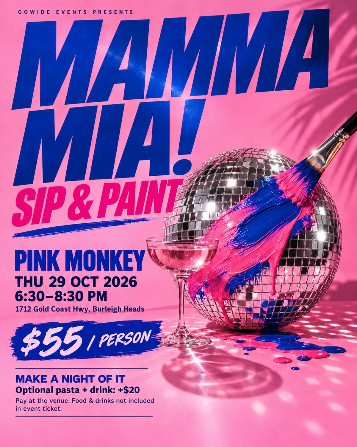 The flyer: Mamma Mia! Sip & Paint at Pink Monkey, Thursday 29 October 2026, 6.30–8.30 pm, $55 per person.